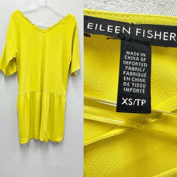 Eileen Fisher Drop Waist Shift Dress Back Tie Lagenlook in Yarrow Citron Size XS - Picture 12 of 16